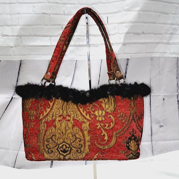 Boho Rich Red Gold Tapestry Hand Bag Rabbit Fur Pompom around top Snap closure - Picture 4 of 13